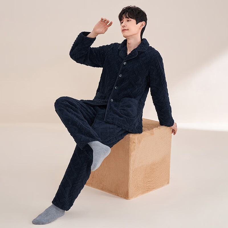 安之伴睡衣男长袖秋冬季可外穿舒适宽松版休闲青年男士家居服套装 黑兰 M