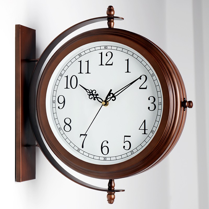 汉时(Hense）创意客厅双面挂钟现代简约时钟家用挂表金属钟轻奢风办公室石英钟表HDS66 红铜色