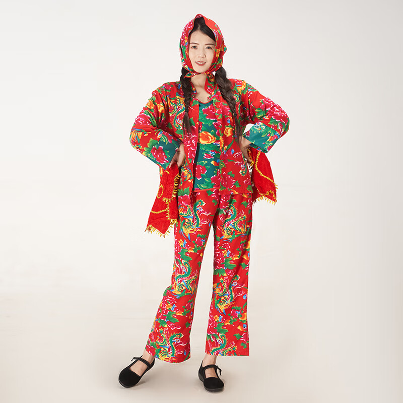 演出服村姑服男女搞笑姐妹广场舞蹈 红色 长袖 长裤 肚兜 头巾 一个 s