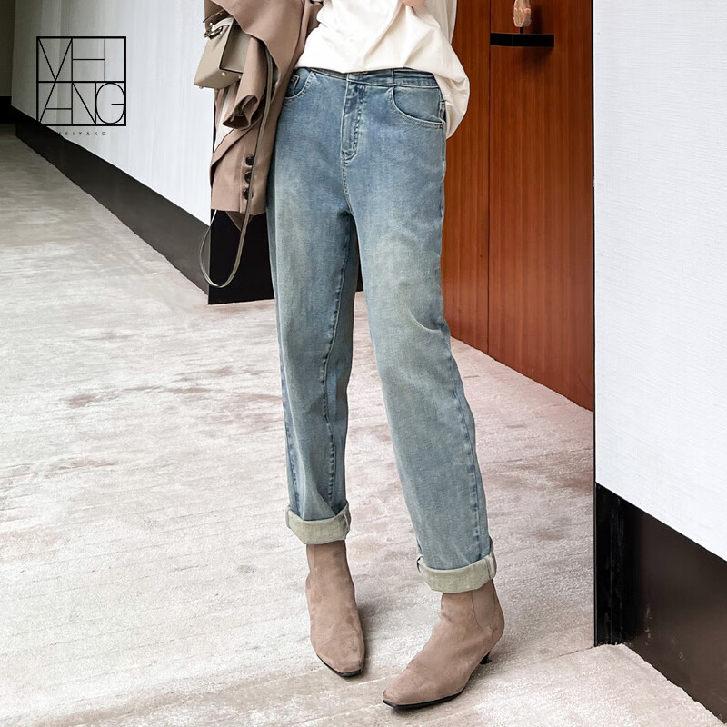 美洋(meiyang)夏日腰封牛仔裤女细腰长腿显瘦哈伦九分萝卜法棍裤直筒