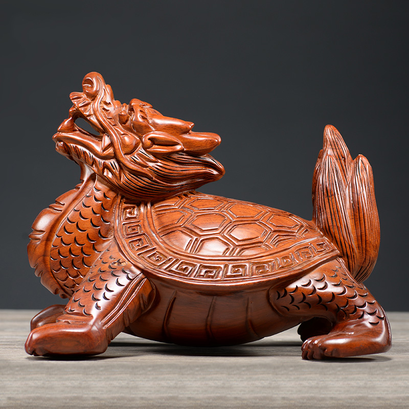 璟館 摆件客厅老板木雕龙龟兽开张工艺品开业礼   实木龙头龟雕刻家居