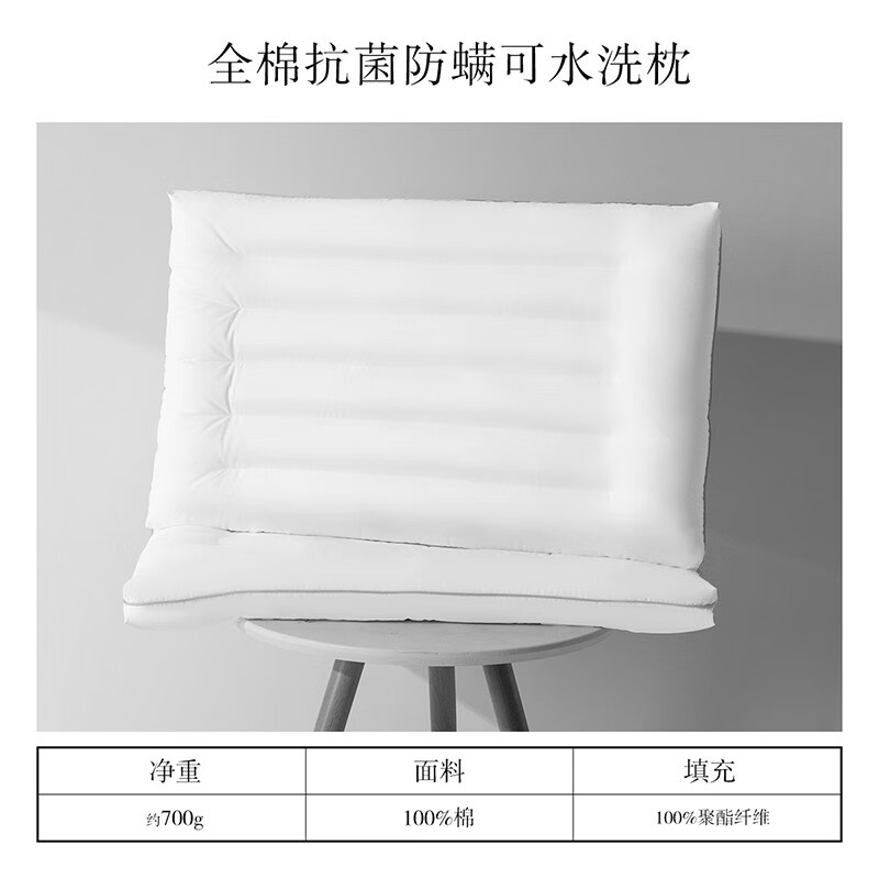 百丽丝水星集团出品 A类可水洗枕头颈椎枕 酒店纯棉抗菌枕芯单只装 全棉抗菌防螨可水洗枕 48cm×74cm