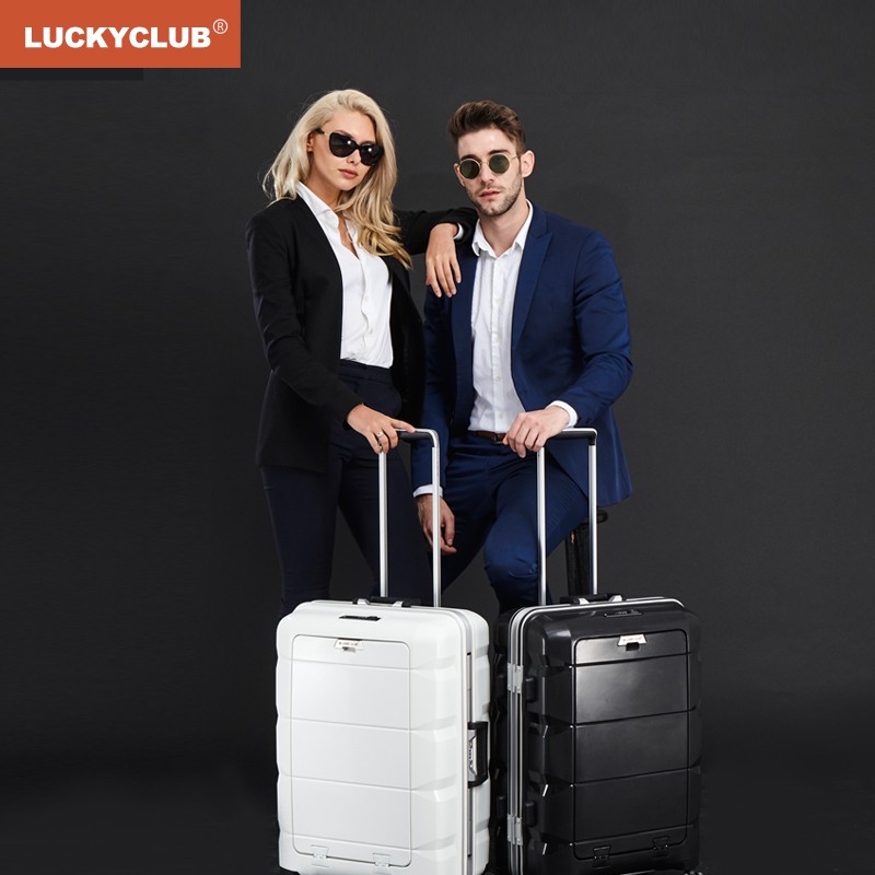LUCKY CLUB 行李箱男女拉杆箱万向轮短途出差旅行商务密码多功能电脑高颜值登机箱子 铝框主仓象牙白20英寸