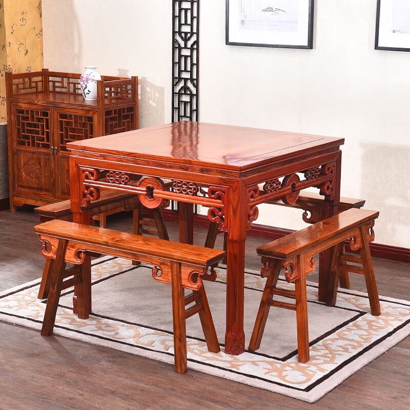楹钰实木中式八仙桌明清古典仿古桌椅组合酒店酒楼餐桌铜钱小方桌定制