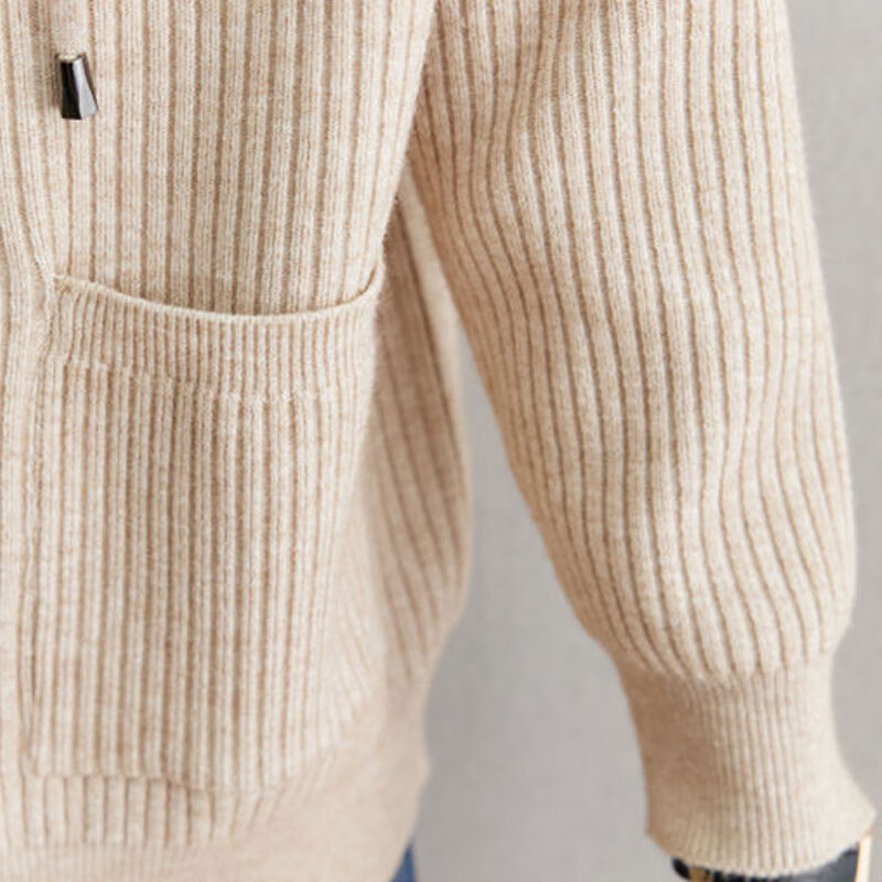 子牧棉麻2024秋冬装 女韩版连帽针织衫外套洋气拉链外搭开衫上衣5241 米杏色 均码(建议95-140斤)