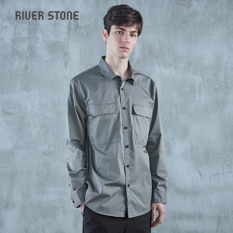 riverstone流石男装 男士长袖衬衫春季新款日系衬衣男 绿灰 s
