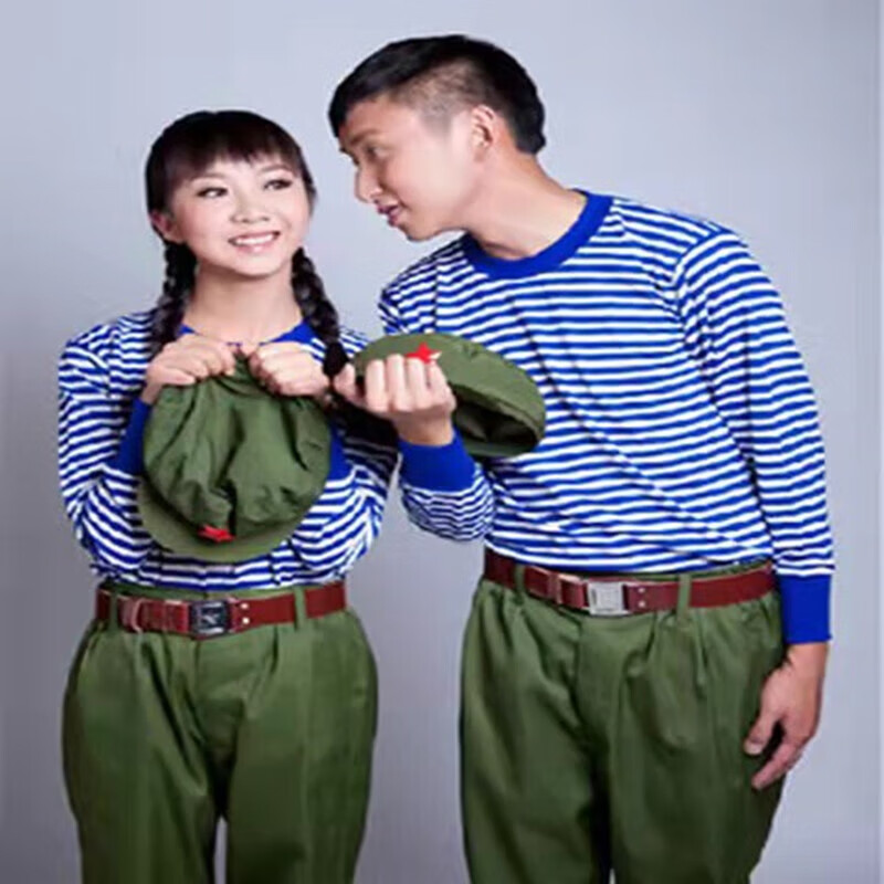 紫晶麟70/80年代怀旧演出服知青服装海魂衫水手服军迷t恤蓝白条纹作训