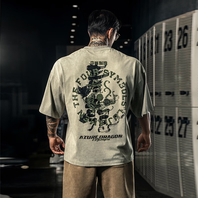 鹿家门夏季新款四大神兽2.0运动T恤男健身肌肉训练服大码宽松短袖 红色 2XL （推荐180-220斤）