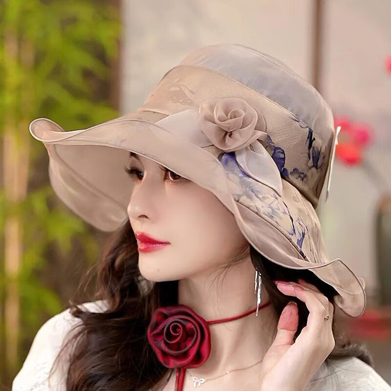 布塔真絲桑蠶絲遮陽帽子女夏季防曬太陽帽大檐沙灘出行旅游防曬帽 奶茶色