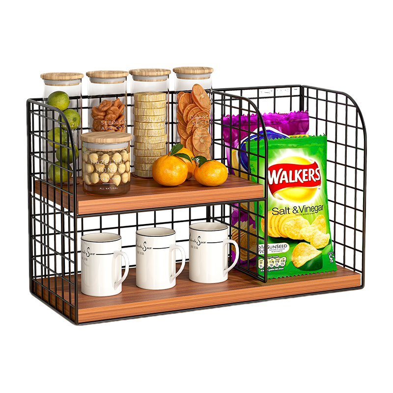 林家小子 餐桌收纳神器饭桌上零食置物架客厅茶几杯子水杯办公桌面桌上架子 升级款大号(黑架柚木色板)