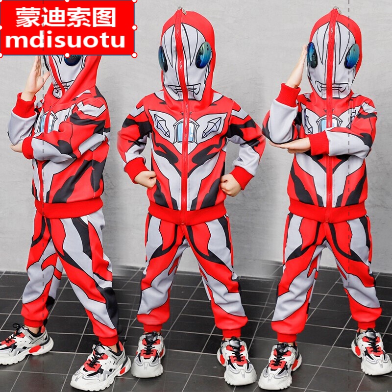 新款长袖帽子戴眼镜帅气2-9岁男宝宝迪迦奥特曼小孩衣服休闲两件套