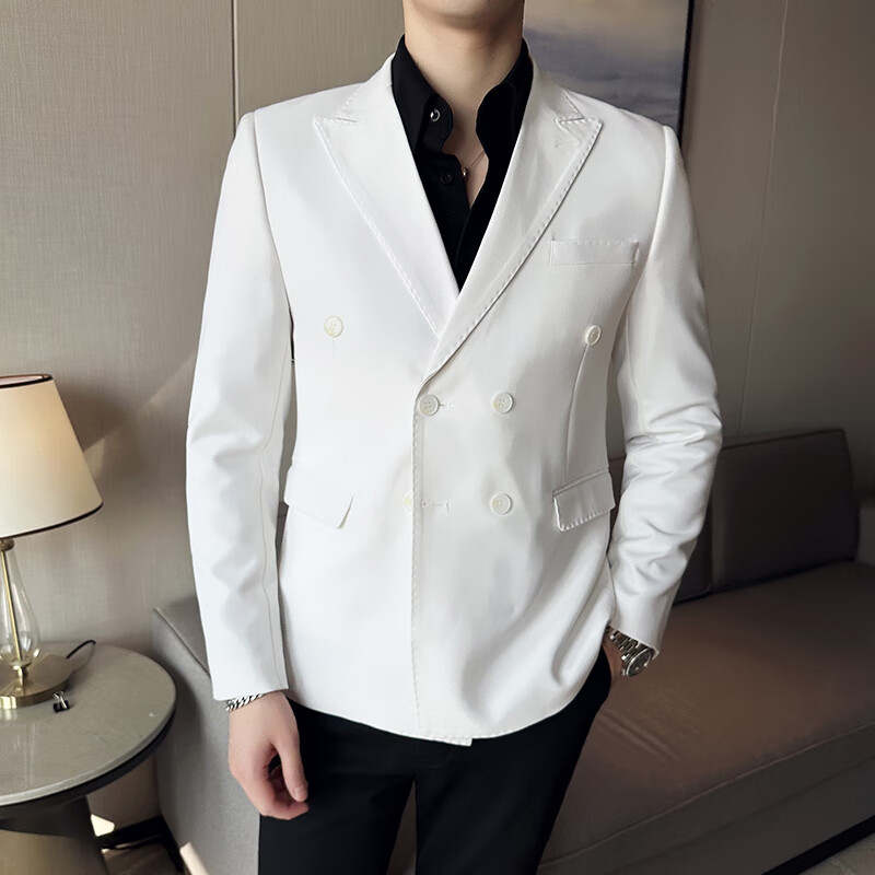 西服男春秋新款男士时尚潮流韩版双排扣个性商务休闲抗皱小西装 白色