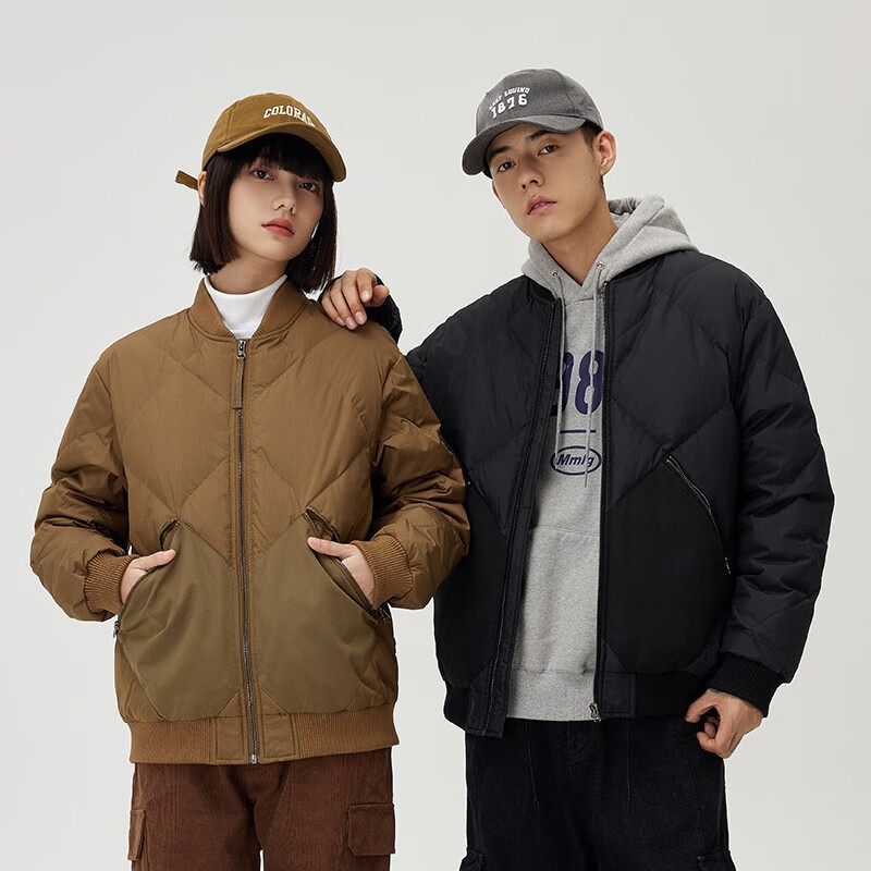 雅鹿短款羽绒服男女情侣同款棒球领螺纹拼接设计简约百搭秋冬外套 黑色 L 175