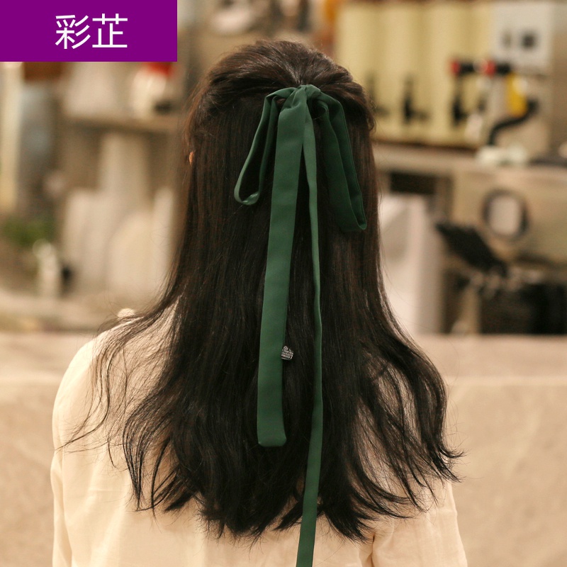 彩芷 古风长发编发细丝带发带编辫子扎马尾长飘带复古小丝巾 墨绿色