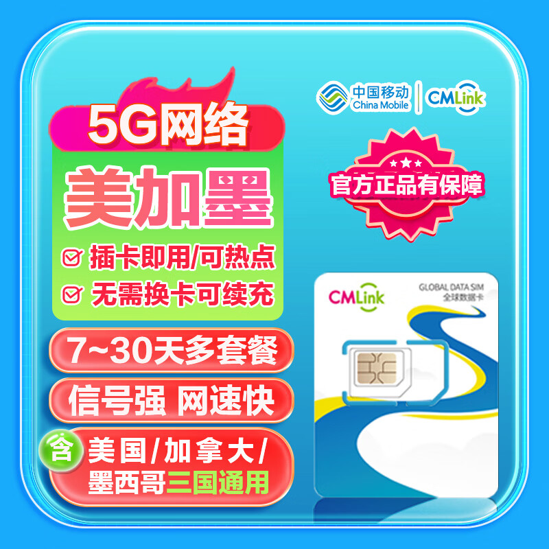 美国加拿大墨西哥4G/5G流量卡三国通用上网卡旅游SIM卡 15天2GB/天-高速+不限量