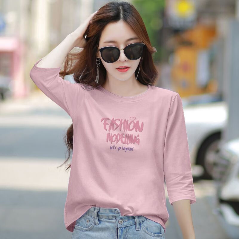 yzyo女生体恤宽松七分袖女t恤半袖上衣白色七分袖t恤女上衣中袖打底衫