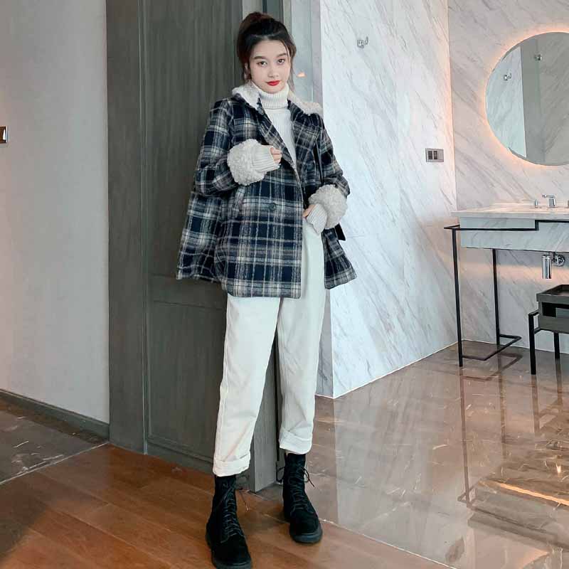 2021年冬季流行穿搭,2021流行穿搭女秋冬 西柏图 格子毛呢外套2021秋冬新款女赫本风气质羊羔毛