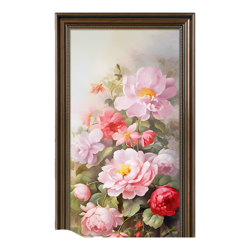 良木牡丹花美式玄關(guān)裝飾畫(huà)手繪油畫(huà)花開(kāi)富貴客廳掛畫(huà)復古歐式走廊壁畫(huà) 15-富貴花開(kāi)【復古棕框】 50*100cm【適合墻寬≥80cm】 高端手繪畫(huà)【大師手工繪制】