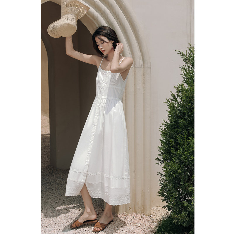 白色吊带裙气质连衣裙感长裙女夏法式蕾丝初恋小白裙纯棉裙子 清欢