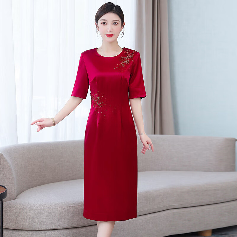 予瑾喜妈妈高端婚礼服醋酸面料喜婆婆婚宴装中年夏装缎面连衣裙女高贵