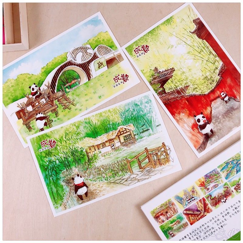 10张手绘明信片 成都(熊猫)