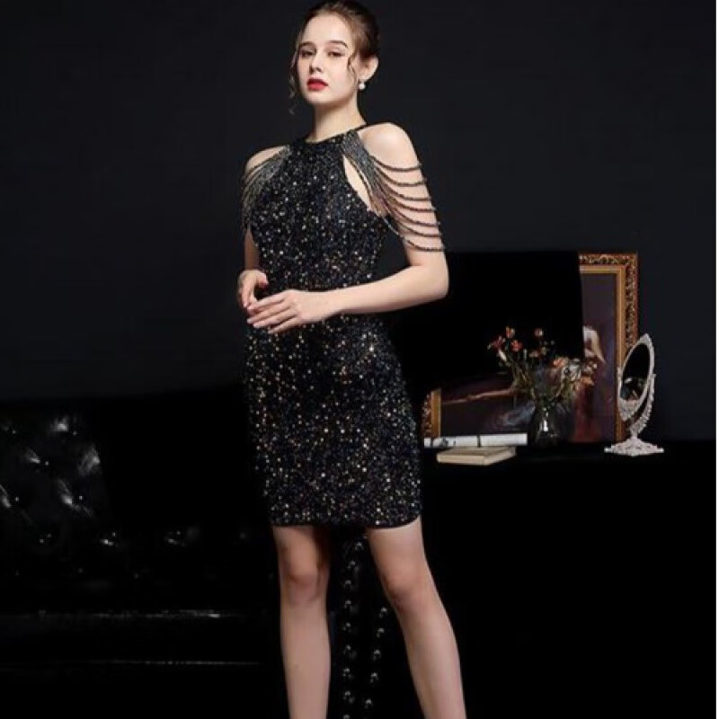 漫蒂薇宴会晚礼服2024气质轻奢小个子香槟色新款高端连衣裙 黑色 s