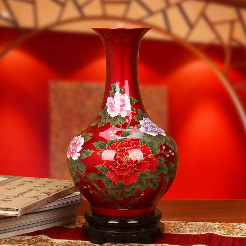 鸿瑀 景德镇陶瓷花瓶水晶釉富贵红牡丹赏瓶 现代时尚家居工艺礼品收藏