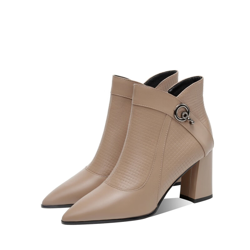 高端时装靴女真牛皮粗跟短靴女2022秋冬新款高跟加绒皮靴圆头 藕杏色