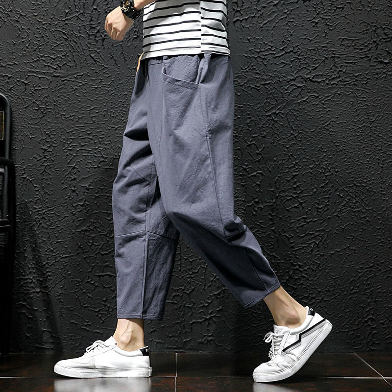 零虹高中大学男生穿的透气净色九分裤夏季九分裤男亚麻棉麻裤宽松大码