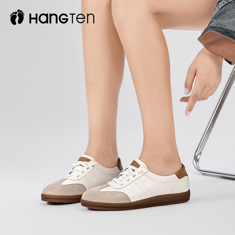 欢腾(HANG TEN)休闲运动鞋女复古潮流时尚百搭板鞋女防滑耐磨平底德训女鞋 米白棕(皮鞋码) 39