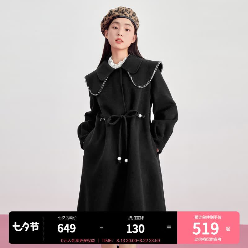 【新品】乐町收腰翻领大衣2022秋冬新款女双面呢羊毛黑色毛呢外套 黑色(现货) M/160高性价比高么？
