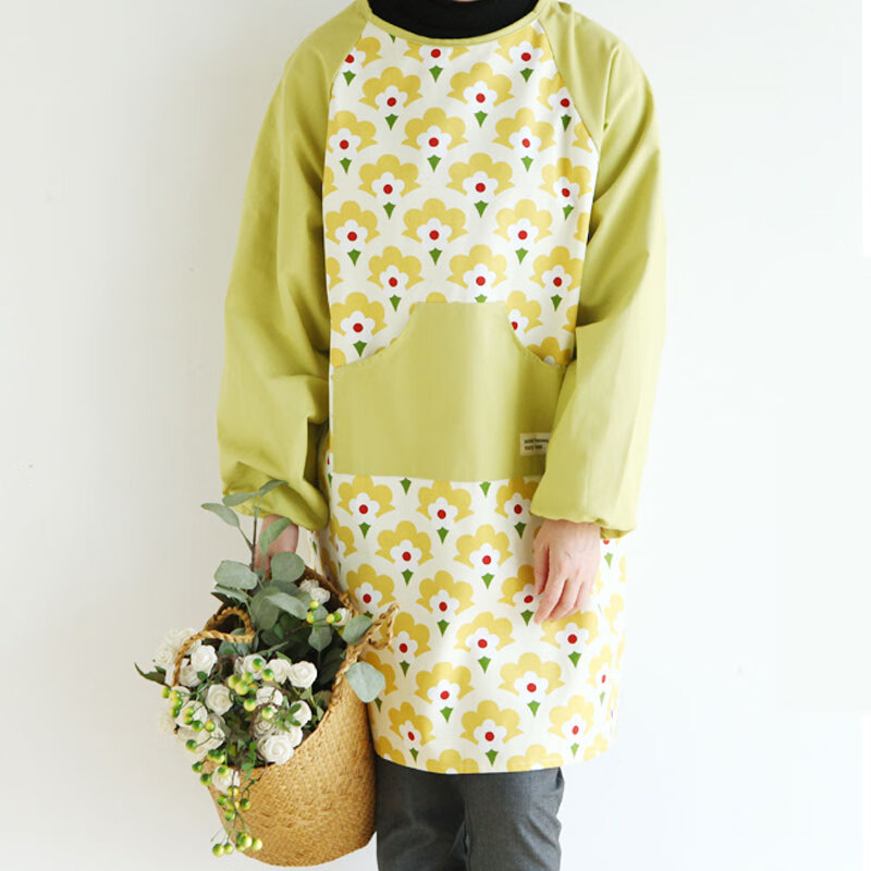 季萌纯棉围裙女长袖家用厨房做饭透气反穿罩衣防泼水油污家务全棉围裙