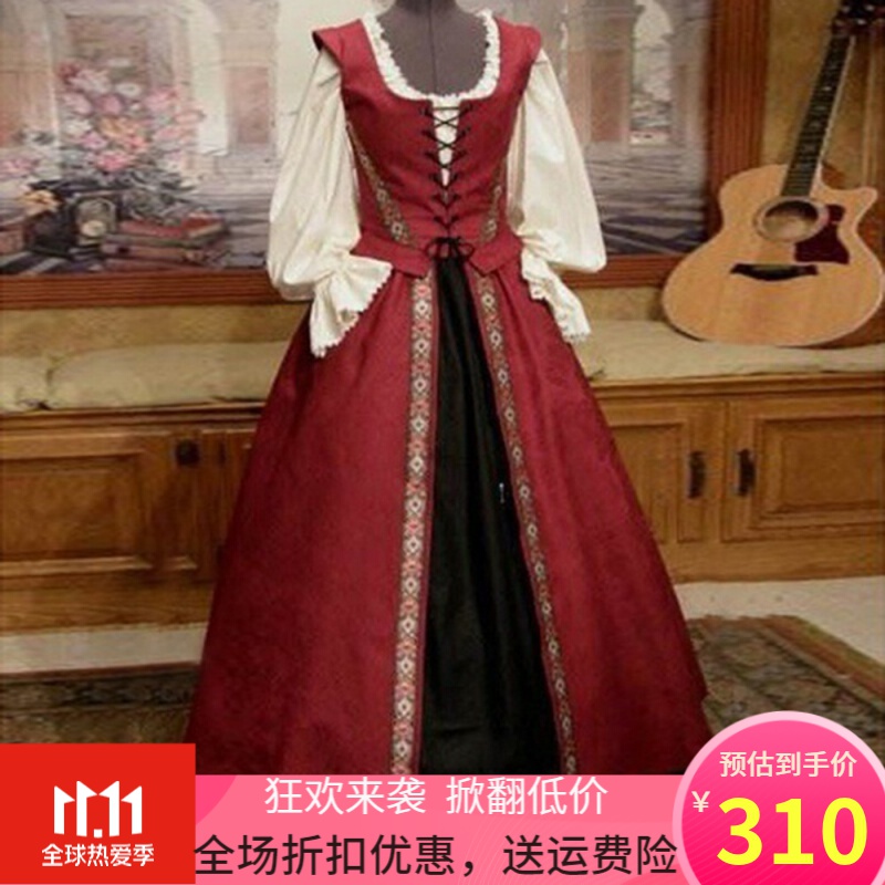 (可开票)欧洲中世纪服装风复古大码收腰连衣裙文艺复兴演出服舞台戏剧