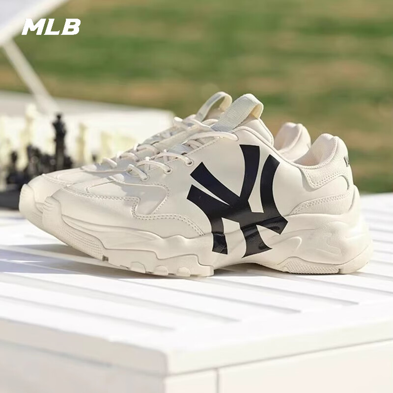 MLB官方老爹鞋女鞋子 春夏新款运动鞋男鞋情侣休闲鞋NY跑鞋3ASHC104N 洋基队/米黄色 36.5 (230mm)