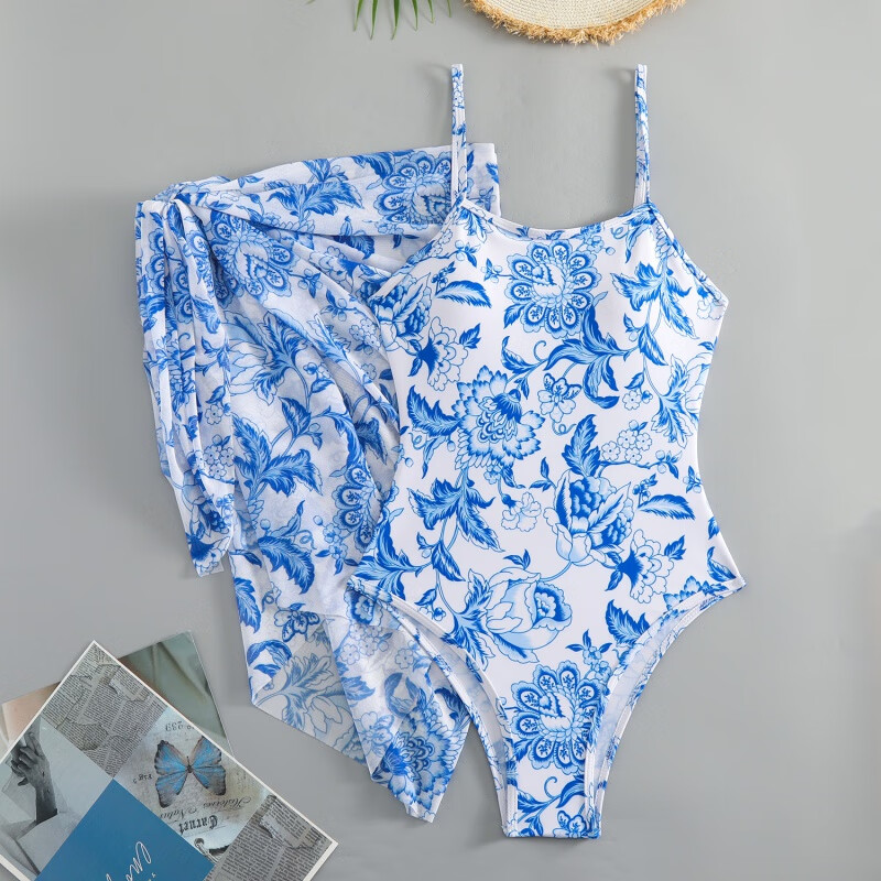 silinyi)新款时尚紧身显瘦连体泳衣印花设计保守复古吊带温泉度假泳装