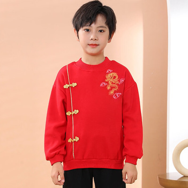 蒙迪索圖寶寶新年賀歲衣服龍年兒童套裝冬季加絨姐弟裝男女童拜年服兩件套 男童單件加絨衛(wèi)衣 80碼建議身高75cm左右
