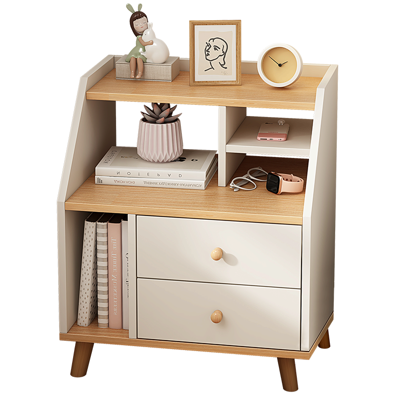 立太 卧室床头柜现代简约床边柜多层大容量带抽屉储物收纳柜实木桌腿北欧风小柜子办公柜 【常规款】白+橡胶木色40x36x63cm