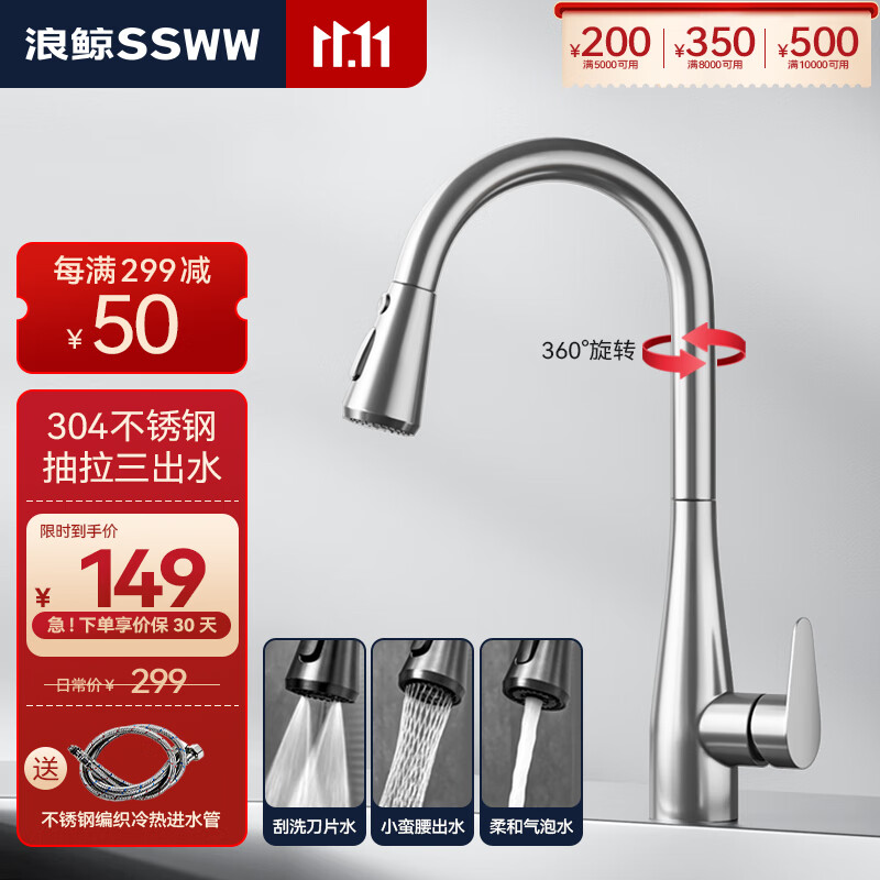 浪鲸（SSWW）厨房用304不锈钢厨房龙头冷热抽拉式龙头洗碗盆洗菜盆 TV1 【抽拉款】304不锈钢-拉丝怎么看?