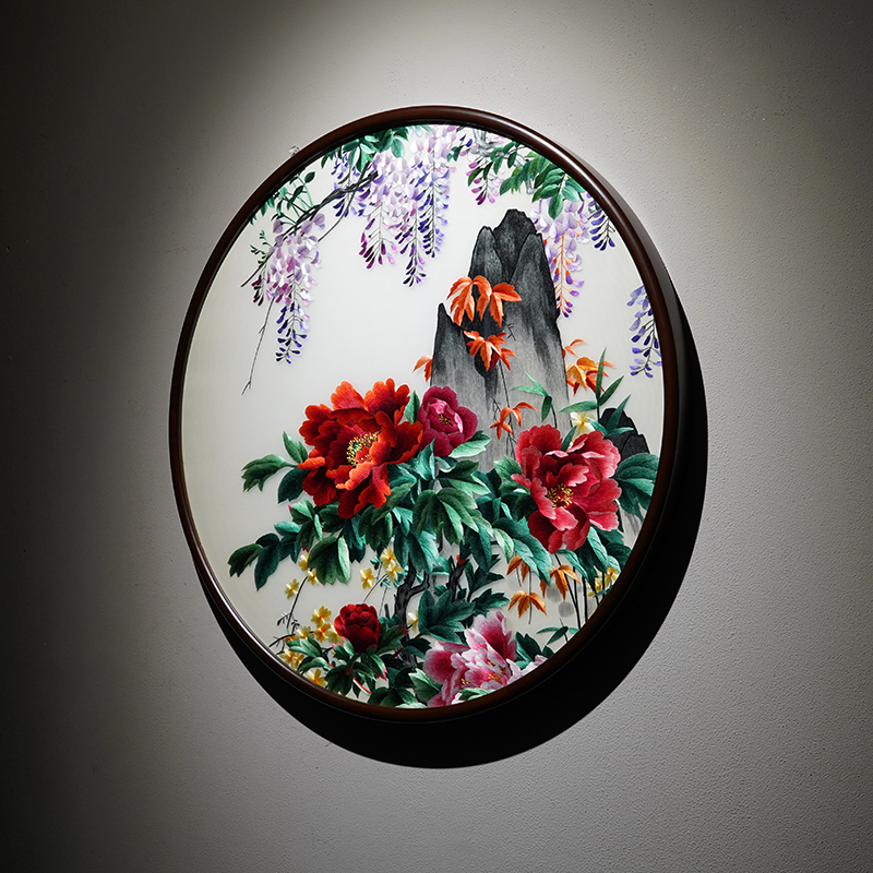 手工刺绣成品挂画苏绣成品挂画国色天香牡丹苏州手工刺绣圆形客厅卧室