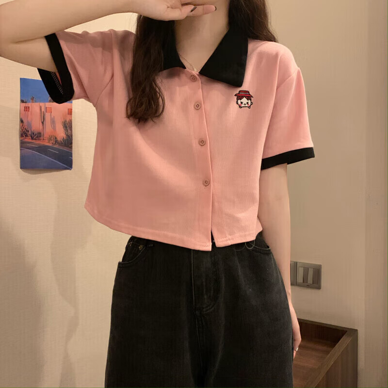 听过半截袖女宽松带领的衣服正肩小polo衫t恤女夏天穿的别 粉红色 m