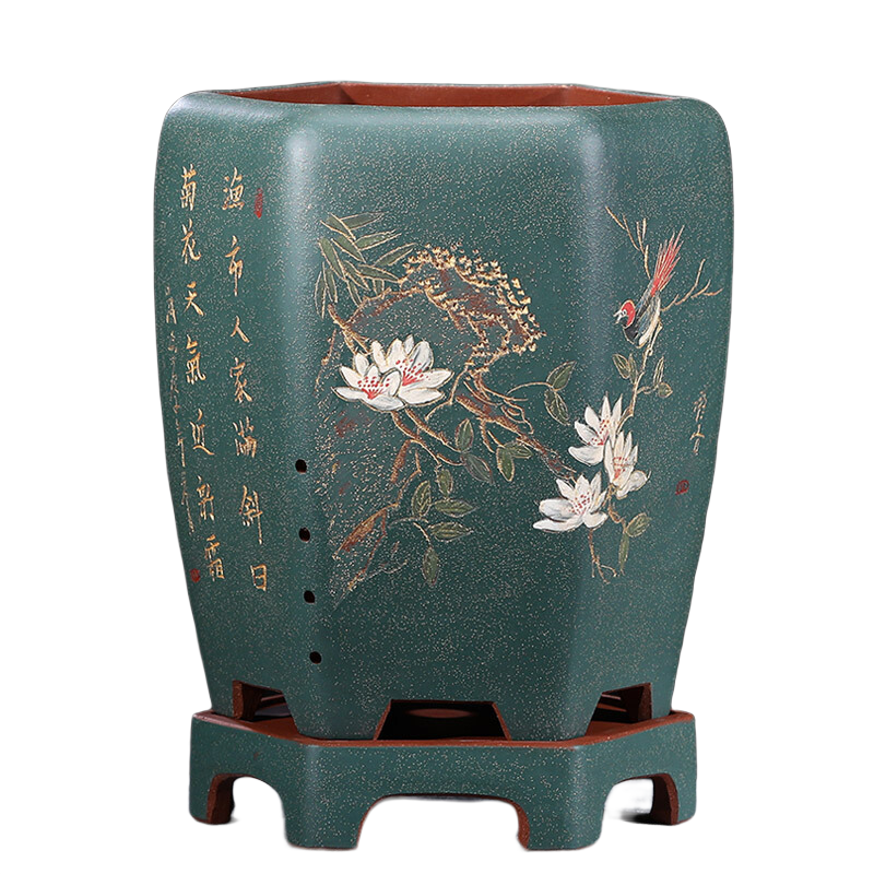 爵遇良品精品紫砂花盆特大號六方高花盆大花蕙蘭盆君子蘭群蘭客廳落地花盆 特大號-芝麻藍(lán)色(配套底座) 特大