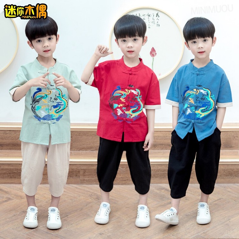 迷你木偶童装男童汉服套装儿童演出服唐装1-10岁男童古装夏季短袖新款套装小男孩休闲中裤中国风宝宝休闲 红色 110使用感如何?