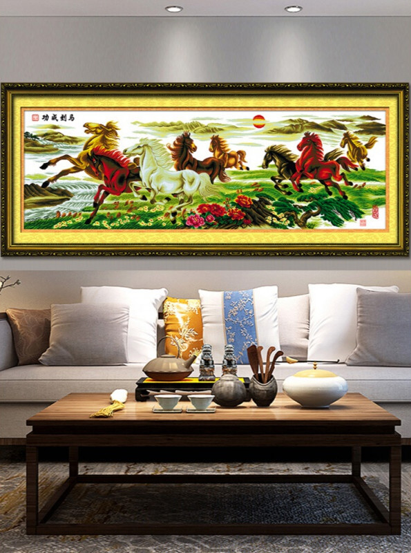 臣埠十字绣八骏图2021年新款大幅客厅马到成功八匹马手工线绣 180*65