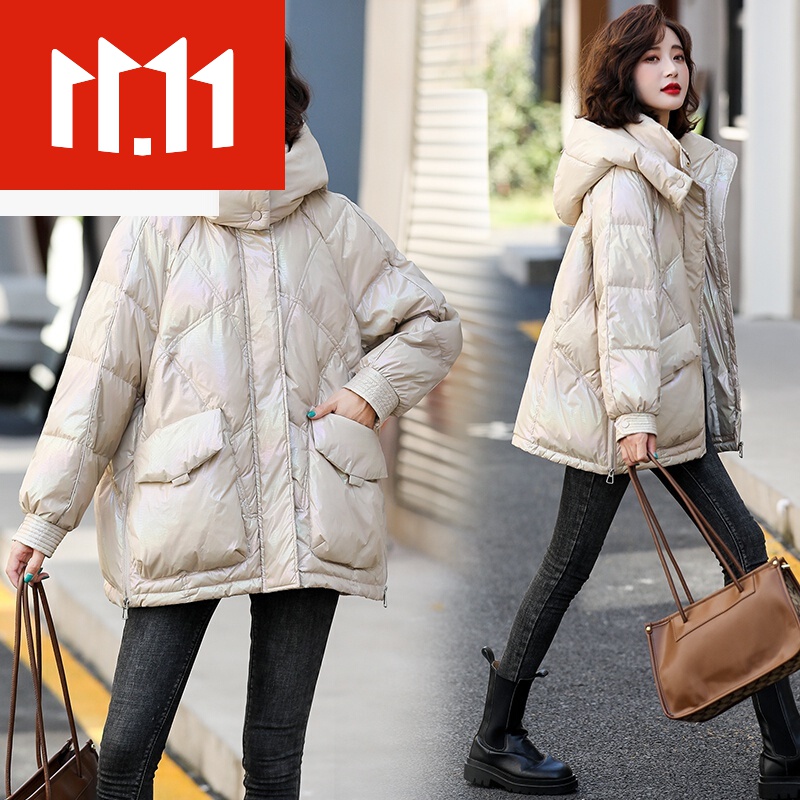 妮慕丝 亮面羽绒服女中长款2021年冬季新款韩版宽松白