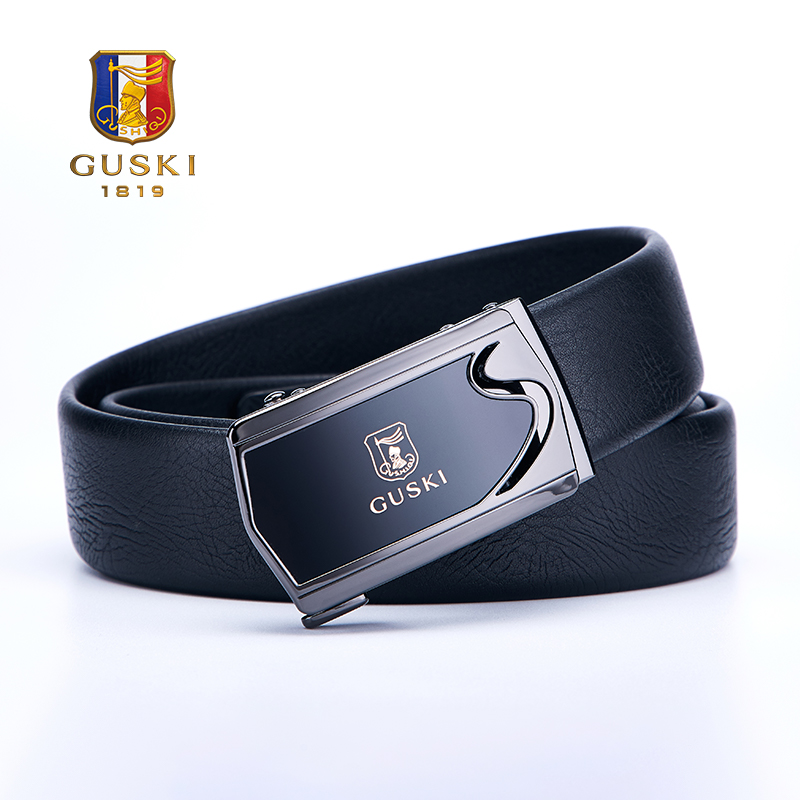 古士旗(GUSKI)法国品牌男士皮带男真皮自动扣腰带牛皮裤带生日情人节礼物送男友 【实木礼盒】680030A尊贵枪色/头层牛皮 115cm -130cm默认随机发(可修剪)