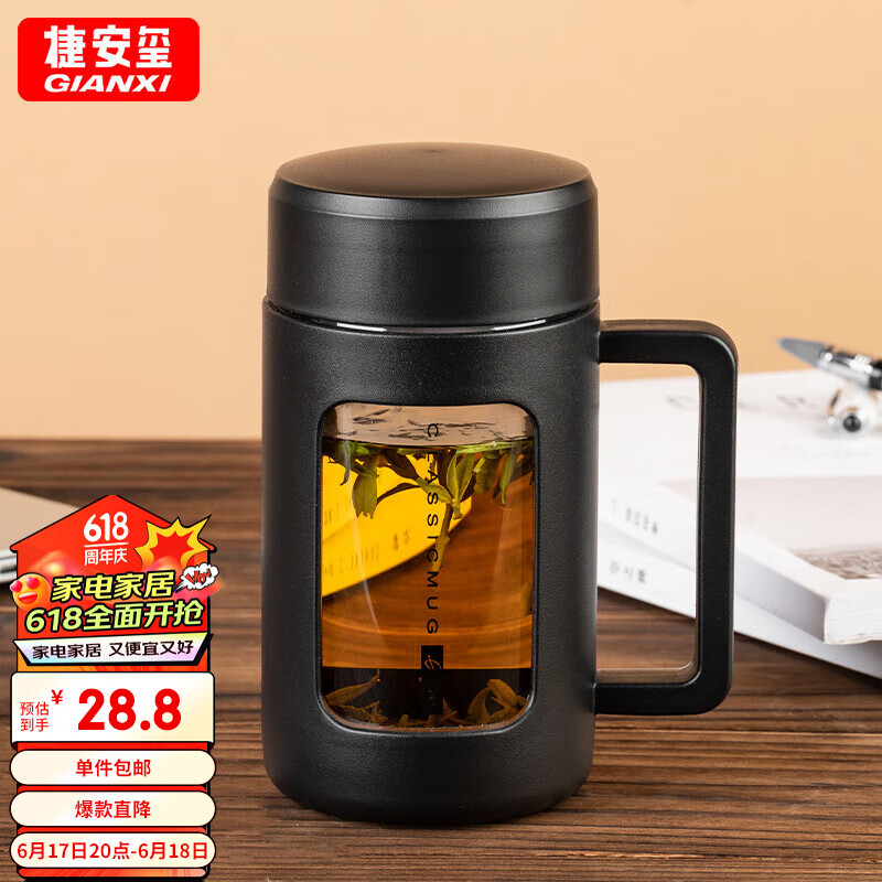 GIANXI塑玻泡茶杯高硼硅耐高温玻璃杯夏季双层防摔水杯带茶隔 430ml