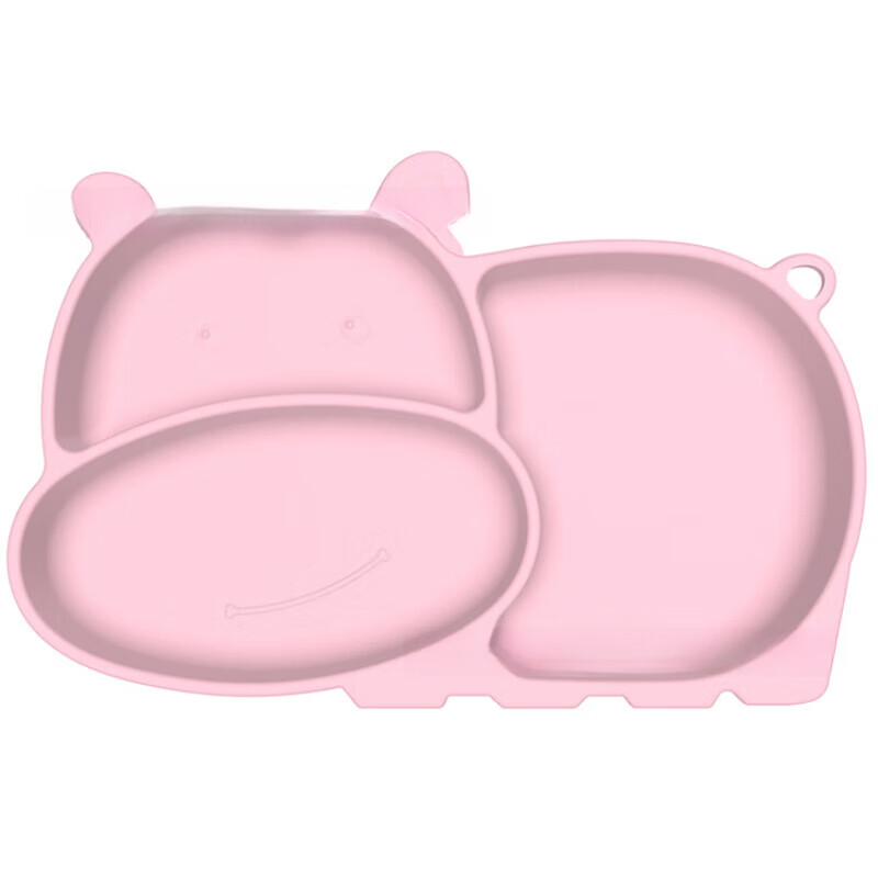 【精选好物】卡通河马一体式分格硅胶吸盘餐盘学吃饭餐碗盘防摔 藕粉色河马餐盘 1件套