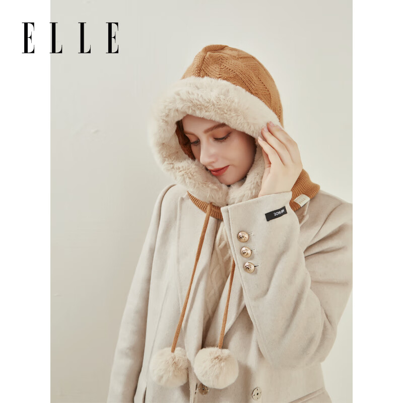 ELLE羊毛套头帽女士秋冬季户外保暖加绒加厚护耳针织雷锋帽子 棕色