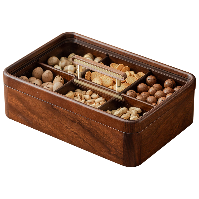 森物社新中式胡桃木干果盒水果盤(pán)客廳干果收納盒零食盤(pán)干果盤(pán)實(shí)木糖果盤(pán) 胡桃木-單層-六宮格-不含玻璃碗
