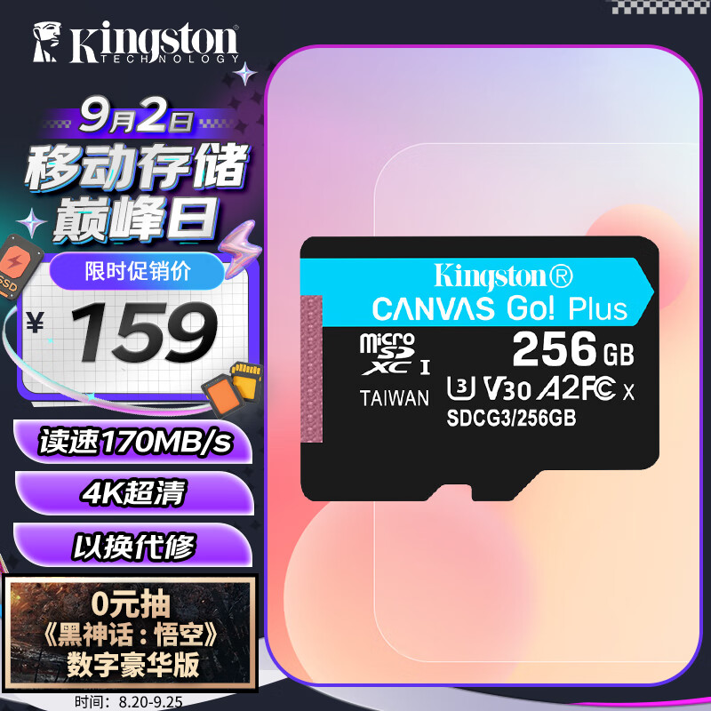 金士顿（Kingston）256GB TF（MicroSD）存储卡 行车记录仪 手机内存卡 U3 V30 A2 4K 读速170MB/s兼容手机平板无人机